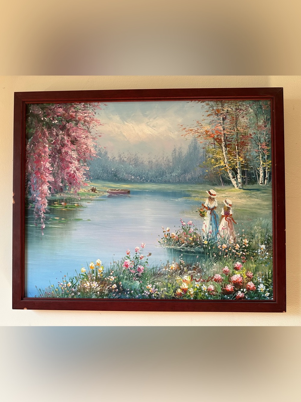 Original Art Victorian Girls At Floral Lake Oil On Canvas Mid Century